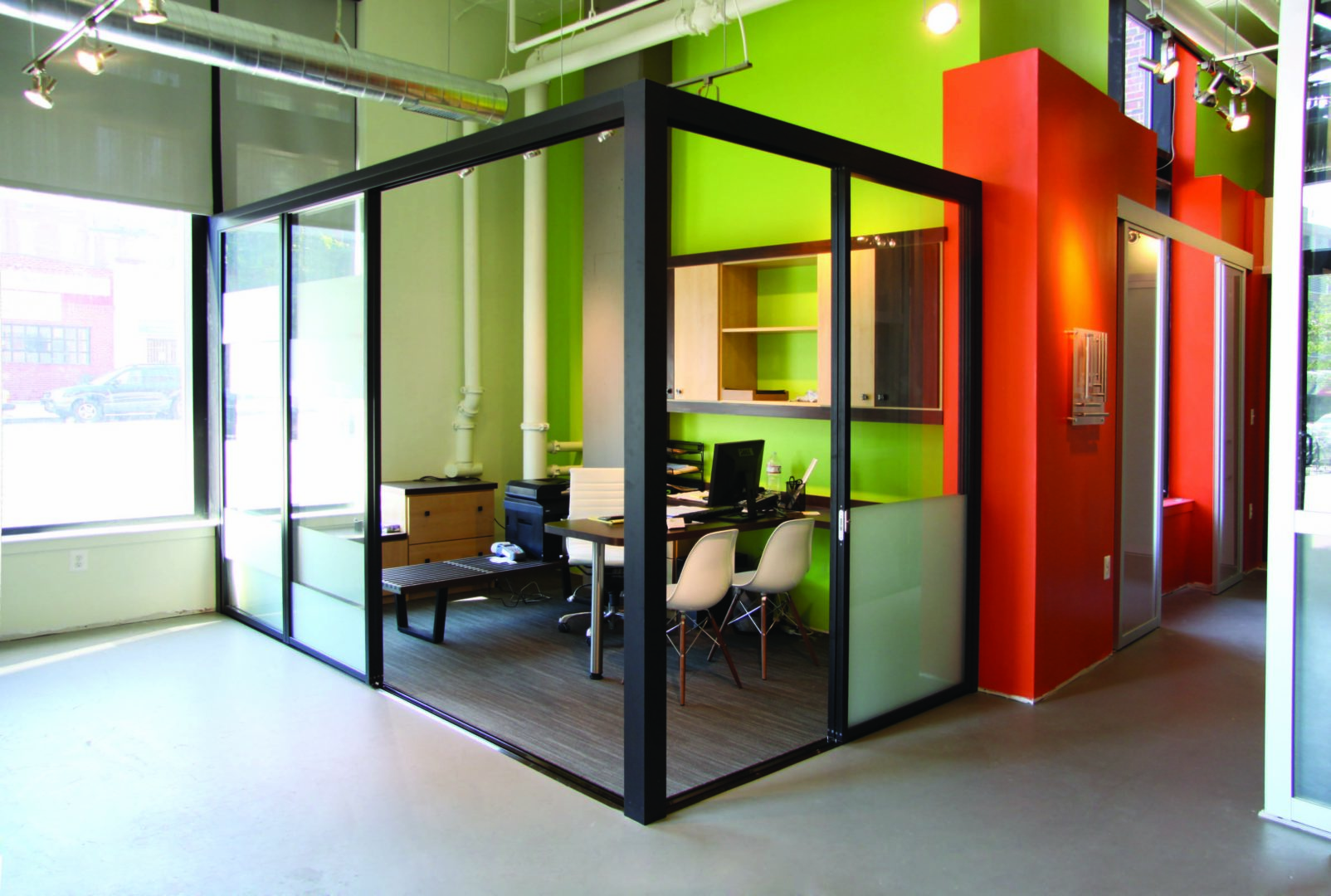 glass sliding room dividers for office cubicles with black frame