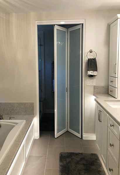 2 Door Bifold White Frame Laminated Glass Solo Bathroom Open
