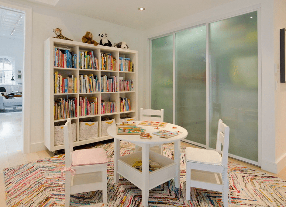 Frosted glass closet doors in kids play room
