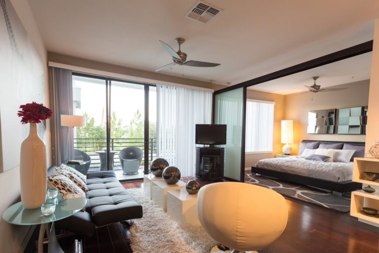 Frosted glass sliding door divides bedroom from living room area