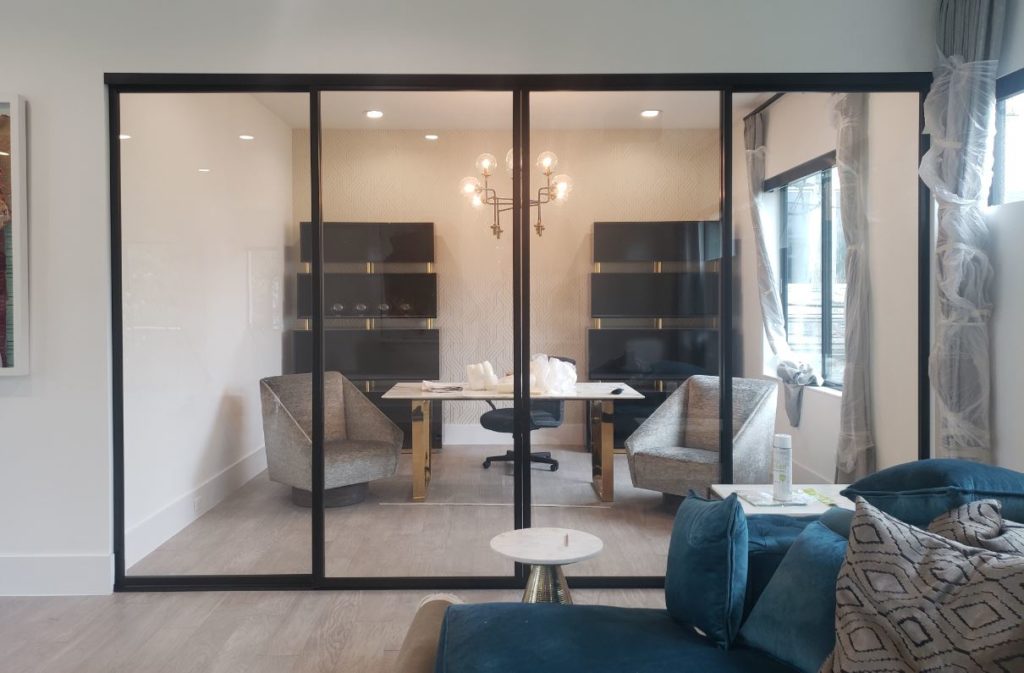 well designed home office with sliding doors