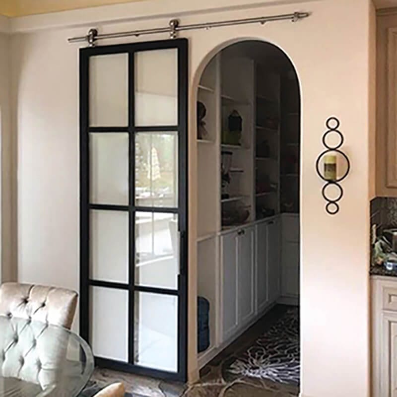 Dark frame glass barn door