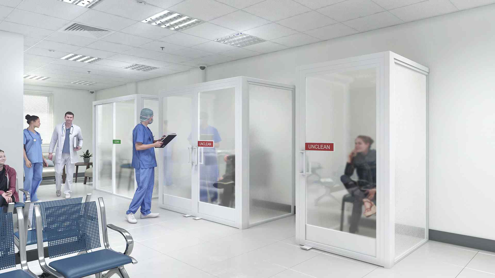 Private medical screens modern check up rooms with nurses and doctors passing by 