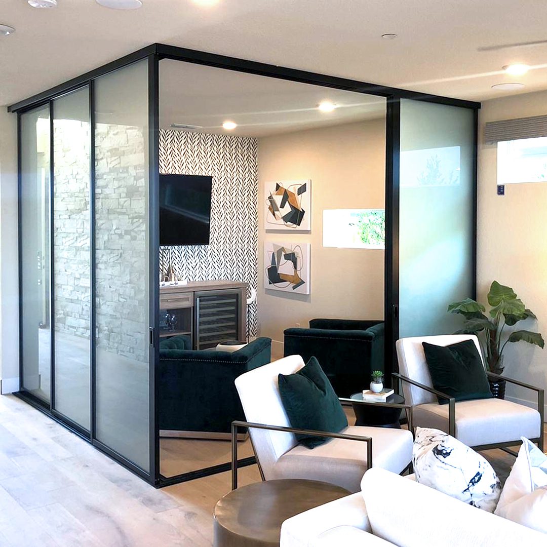 Frosted glass closet door splits closet from the rest of the area