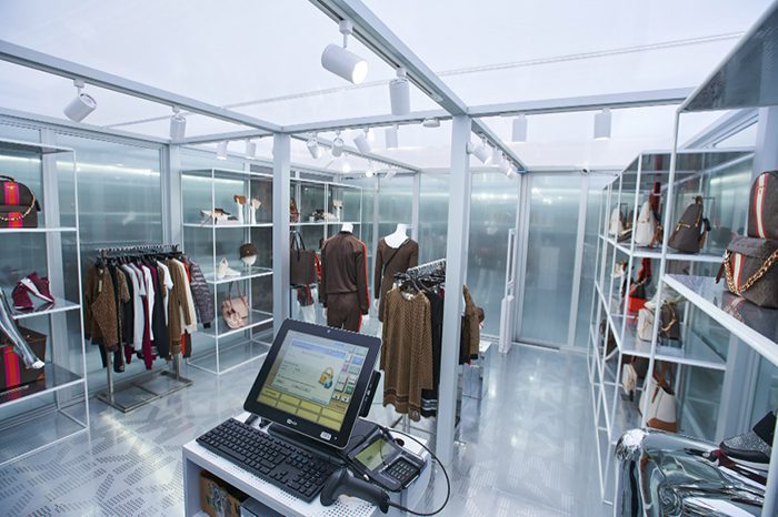 Frosted glass sliding door apparel boutique kiosk