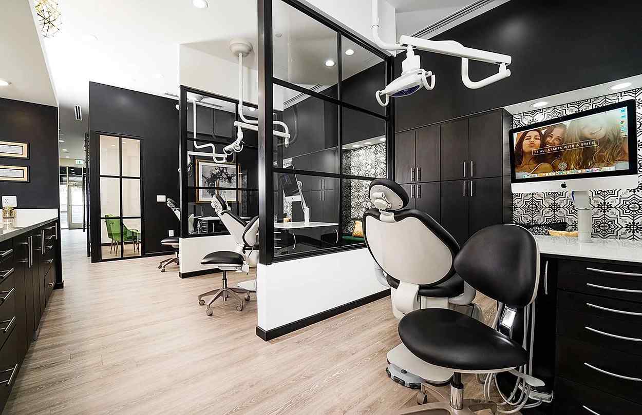 Orthodontics Office Black Clear Custom Continental Fixed Panels Privacy Partitions Between Stations Header and Knee Wall