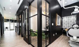 dental office with a glass surround and sliding barn door