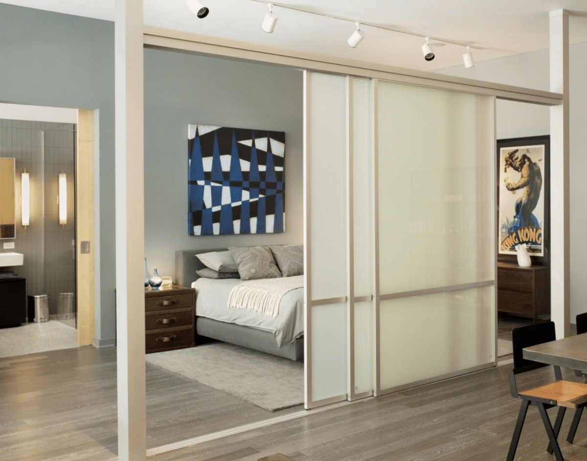 Triple panel frosted glass bedroom divider