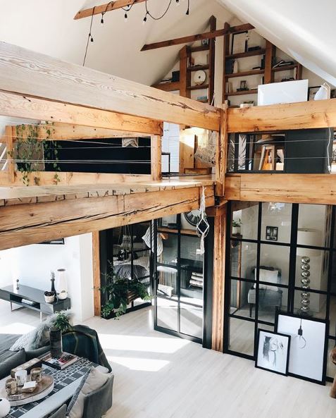 Loft space exposed wood and sliding doors