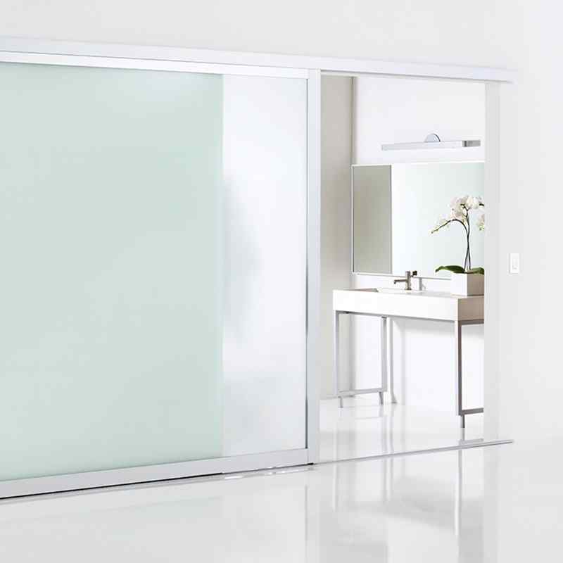 Modern bathroom frosted sliding door with silver frames