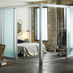 Artist loft living room and bedroom sliding door glass space room divider
