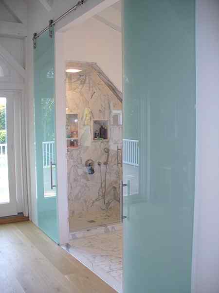 frameless Barn Door two Panels Frosted Glass Bathroom designer