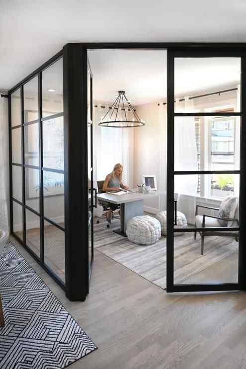 home office room enclose glass wall panels and glass swing doors