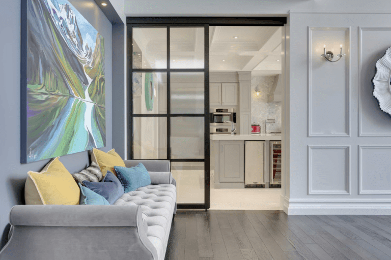 Living-room with sofa and picture on the wall interior sliding door