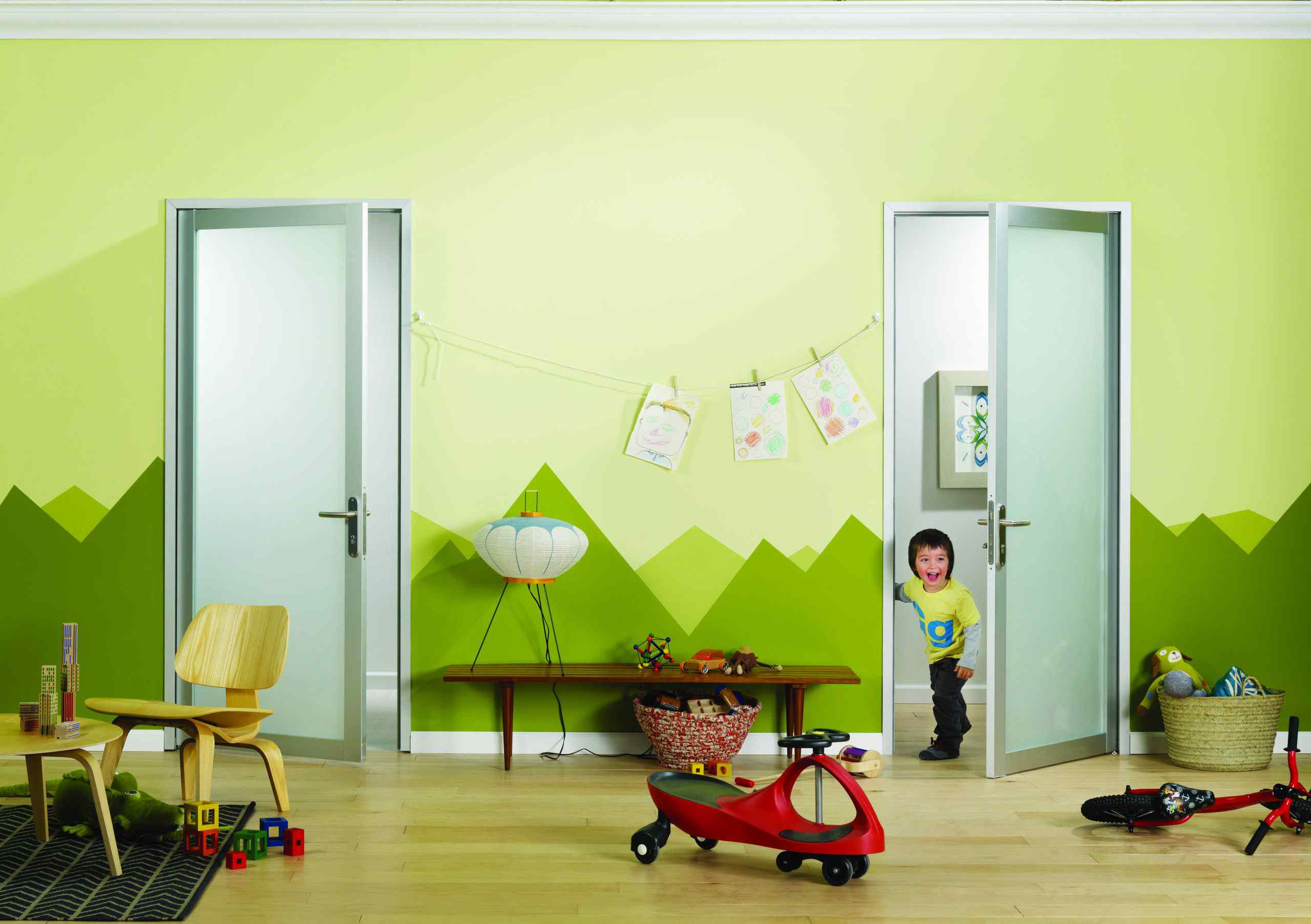 preschool kids playroom opaque frosted glass swing doors