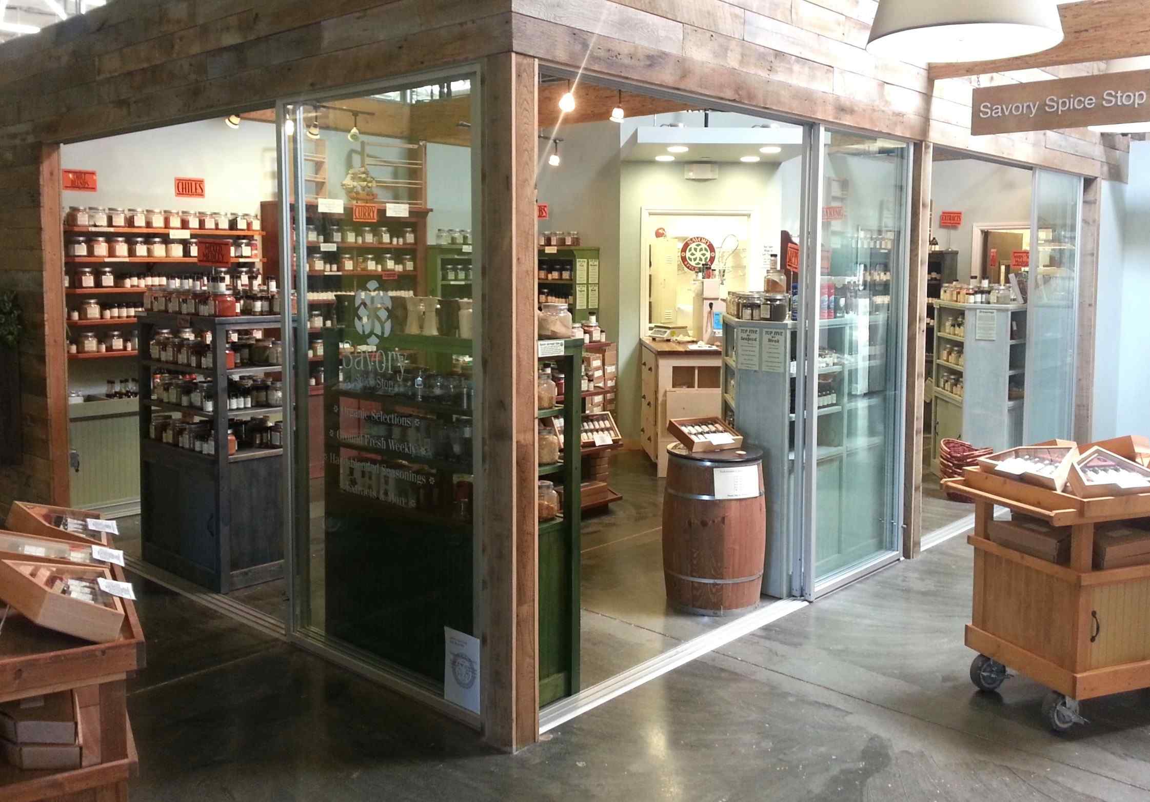 Small indoor retail shop with sliding glass doors